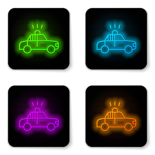 Glowing neon line Police car and police flasher icon isolated on white background. Emergency flashing siren. Black square button. Vector. - Vector, Image