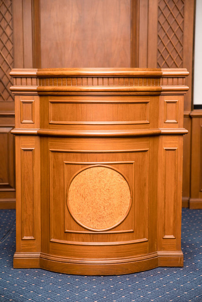 Front view of brown vintage wooden podium speech, clipping path included - Photo, Image