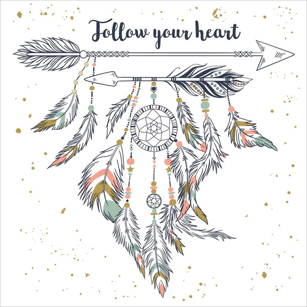 Illustration vectorielle avec cadre tribal avec flèches ethniques et plumes. Motifs indiens américains. Le style Boho. Affiche de motivation grunge "Suivez votre cœur" - Vecteur, image