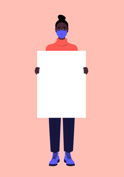 A young African woman with a medical mask is holding an empty poster. Epidemic, coronavirus. Protesting. Full-length portrait. Vector flat illustration - Vector, Image