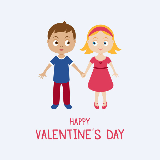 Šťastný Valentýn přání s roztomilými pár děti vektor. Dvě roztomilé děti drží za ruce ikonu vektor. Valentýnský vektor ikon. Důležitý den - Vektor, obrázek