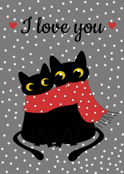 Czarne koty w miłości i czerwony szalik z kropkami polki. Walentynki. Wzór modnych nadruków na kubkach, tekstyliach, ubraniach, notatnikach.  - Zdjęcie, obraz