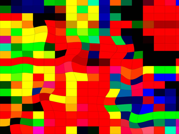 Imagem dinâmica abstrata de quadrados em vermelho, laranja, amarelo, verde, azul, roxo, com luz espetacular e inserções escuras. Fundo positivo colorido para seus projetos e obras de arte. - Foto, Imagem