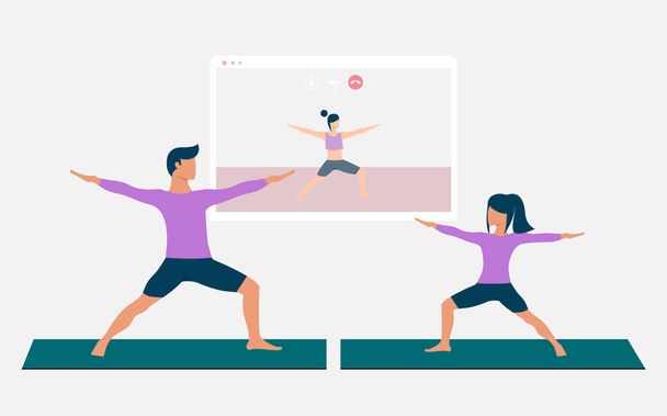 Father and his daughter doing yoga pose and watching online yoga practice on TV or projector. Stay home concept. Home activity during quarantine. Online courses, education. Eps 10. - Vector, Image