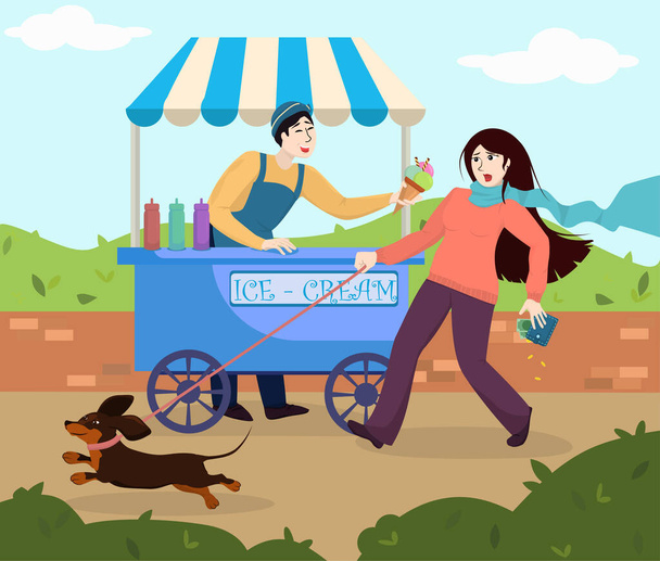 vicces illusztráció egy fagylaltárussal és egy fiatal nővel, aki pénzt dobott a táskájába, mert egy tacskó húzta. - Vektor, kép