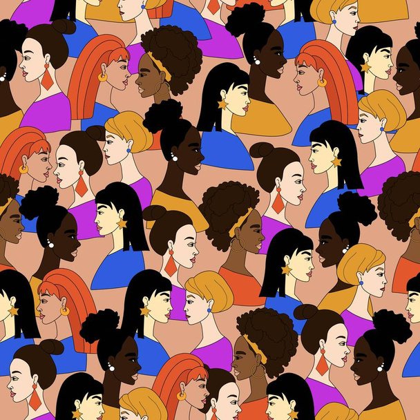 Seamless pattern concept of united society, stop racism, united community, many women with different skin color, african asian european - all beautiful, vector pattern in doodle style. - Vector, Image