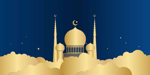 Ramadán kareem banner tarjeta de felicitación plantilla de diseño. Ilustración vectorial en fondo degradado de oro azul con decoración de luna, nube, estrella y mezquita. Fondo islámico de lujo - Vector, Imagen