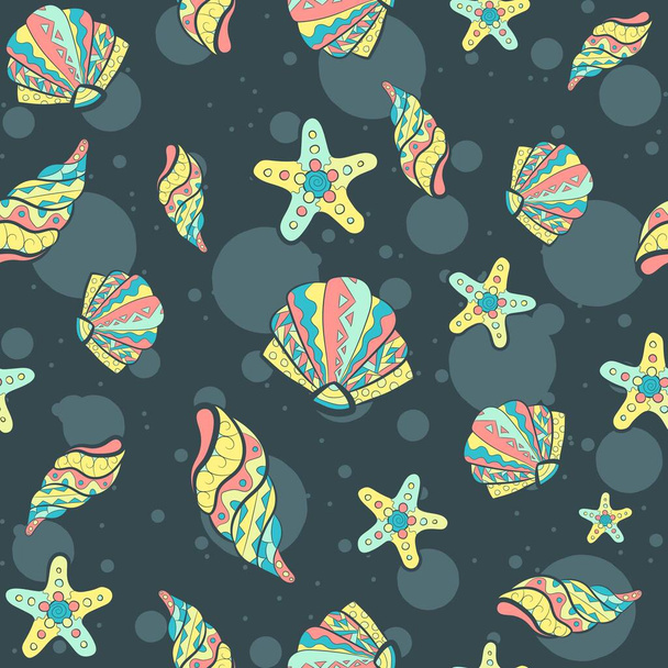 Colorful seamless pattern with different types of sea creatures. Underwater life, exotic and aquatic repetitive background. Shells, clams and starfish with ethnic and traditional motifs. - Vector, Image