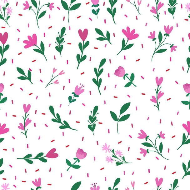 Valentines Day seamless pattern witj flowers and leaves. Vector cute template for wrapping paper. - Vetor, Imagem