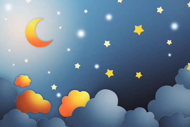 Paper applique of moon and stars on night sky. Art and design concept. Mock up. 3D Rendering - Φωτογραφία, εικόνα