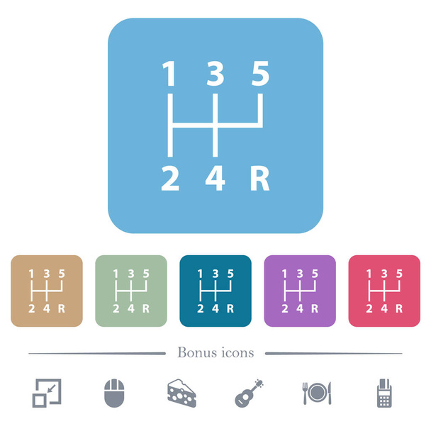 cinco cambios de marchas manuales de velocidad iconos planos blancos sobre fondos cuadrados redondeados de color. 6 iconos de bonificación incluidos - Vector, Imagen