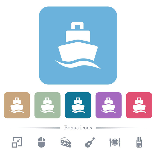 Kreuzfahrtschiff weiße flache Symbole auf farbig abgerundeten quadratischen Hintergründen. 6 Bonussymbole enthalten - Vektor, Bild