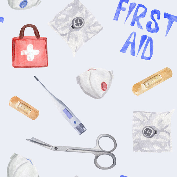  First aid tools watercolor endless pattern. For decoration of gift wrapping, design works, postcards, design of fabrics and textiles, souvenirs, packaging design, invitation. - Photo, Image