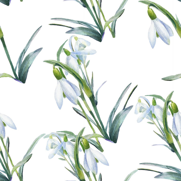Tavaszi háttér, akvarell zökkenőmentes minta hóvirág. - Fotó, kép
