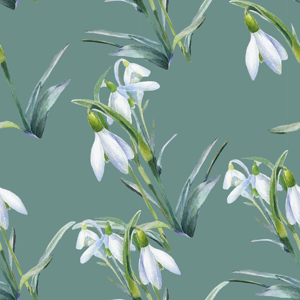 Spring background, watercolor seamless pattern of snowdrops. - Photo, Image