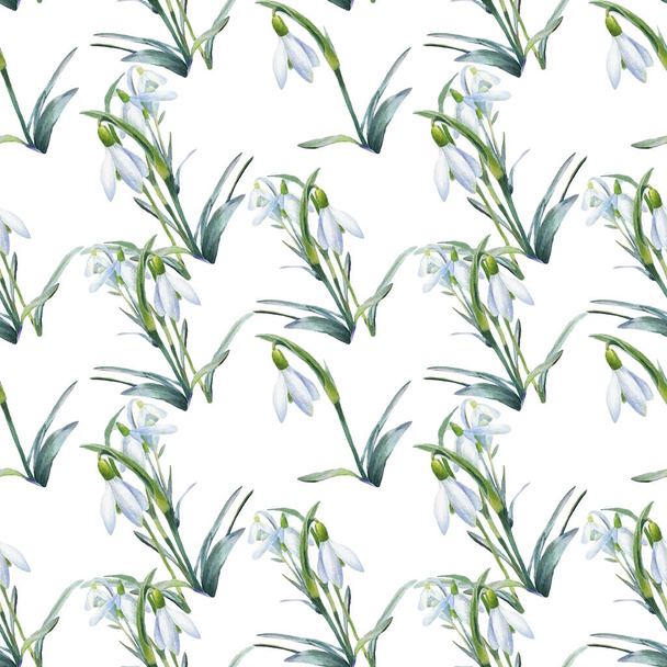 Spring background, watercolor seamless pattern of snowdrops. - 写真・画像
