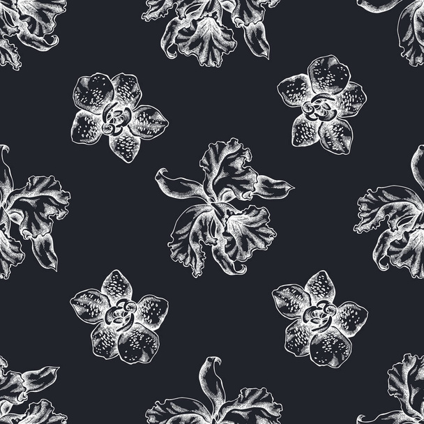 Seamless pattern with hand drawn chalk orchid - Vecteur, image