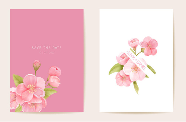 Wedding invitation sakura, cherry flowers, leaves card. Realistic floral spring template vector. Botanical Save the Date - Вектор, зображення