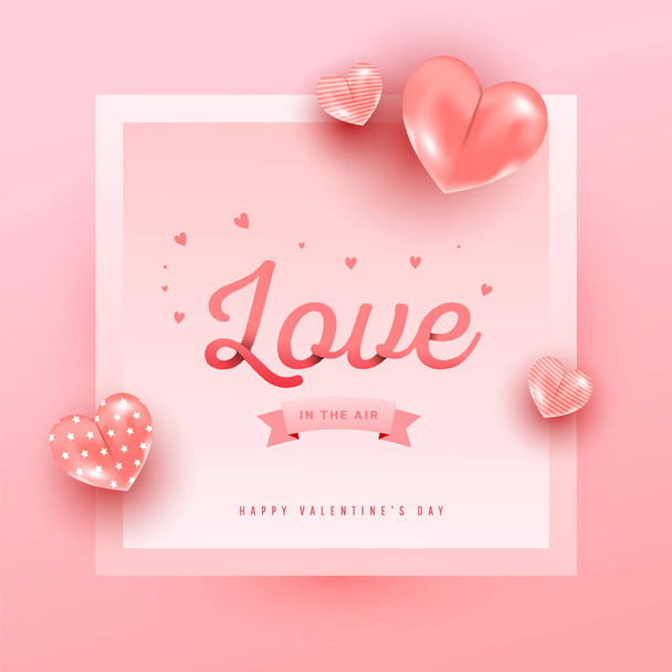 Love text in paper style with realistic air heart shaped balloons flying and gradient frame on pink background. Valentines vector banner design. - Vektor, Bild