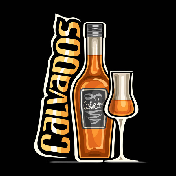 Vector logo voor Calvados, illustratie van bruine klassieke fles met decoratieve label en half vol cartoon glas, bordje met unieke design letters voor oranje woord calvados op donkere achtergrond. - Vector, afbeelding