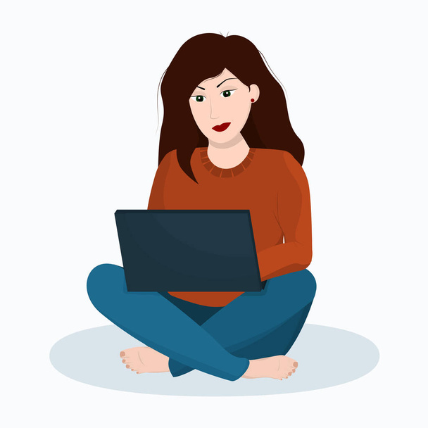  young brunette woman sitting on the floor and working on a laptop on a white background. the concept of working and learning from home and freelancing - Vector, Image