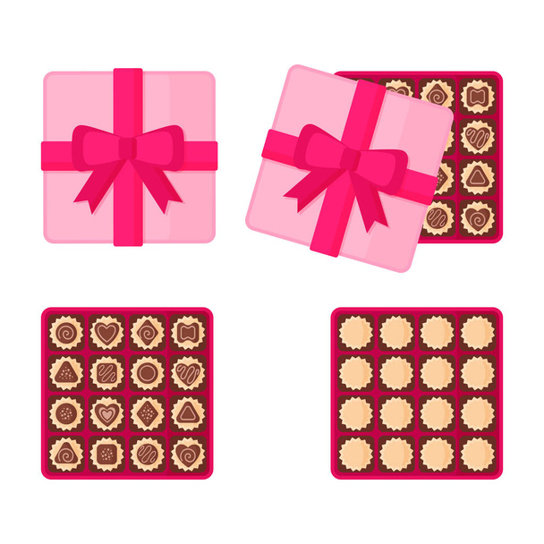 Caja rosa cuadrada de chocolates para el Día de San Valentín. Diseño plano vectorial aislado sobre fondo blanco. - Vector, Imagen