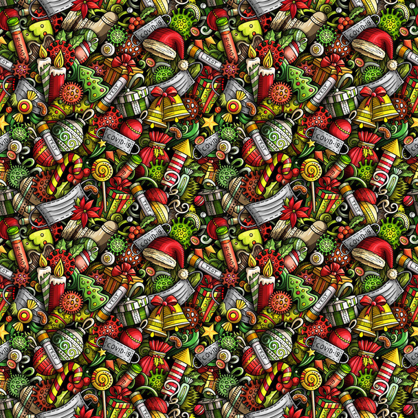Cartoon mignon gribouillis Nouvel An et motif sans couture Coronavirus. Coloré détaillé, avec beaucoup d'objets de fond. Fond avec des symboles et des éléments de Noël et Covid - Photo, image