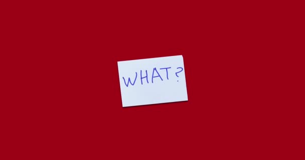 Fragen - Warum? Was? Wo? Wann? Warum? Wie das? auf blauen Aufklebern isoliert auf weißen. Geschäft, Text, Kommunikation, Information, Nachricht, Notiz, Papier, Wort - Filmmaterial, Video