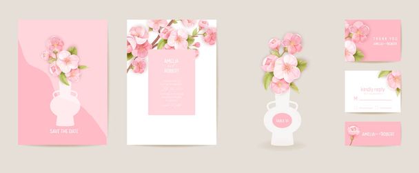 Wedding invitation cherry vector card. Vintage sakura botanical Save the Date set. Design template of flowers - Vektor, kép