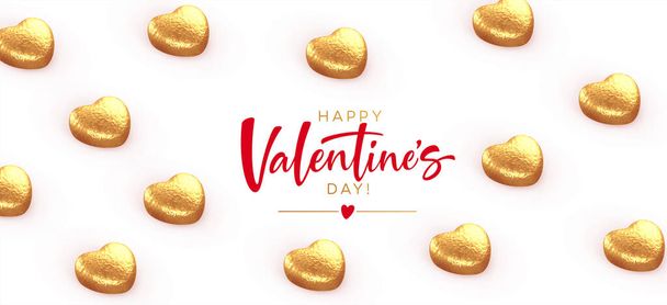 Háttér Valentin nap banner, poaster, képeslap készült szív alakú csokoládé csomagolva arany fólia a felirattal Boldog Valentin napot rózsaszín alapon. Vektorillusztráció - Vektor, kép