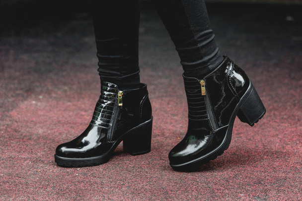 Patient leather woman shoes. Street fashion - Photo, Image