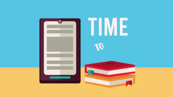 Zeit zum Lesen von Schriftzügen mit eBook in Smartphone und Bücher Lernanimation - Filmmaterial, Video