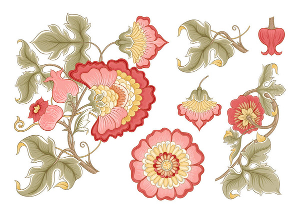 Fantasy flowers in retro, vintage, jacobean embroidery style - Vector, Image