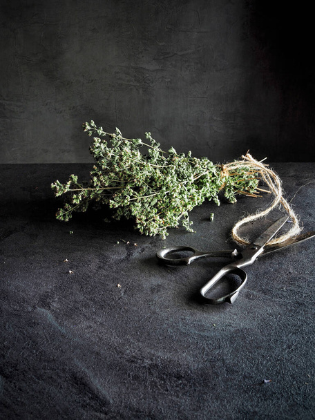 Bunch of dried thyme - thymus - with old vintage scissors on black background. Copy space. - Photo, Image