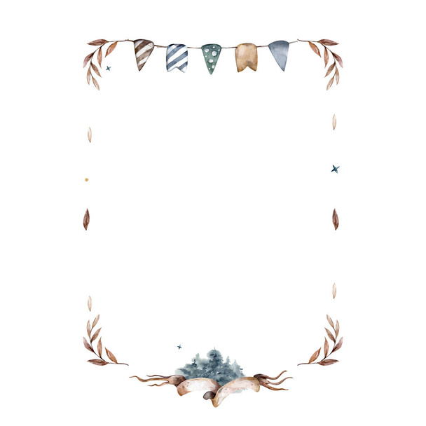 Watercolor Horizontal Frames with ribbon and leaves. - 写真・画像
