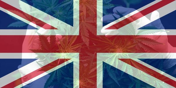 Ιατρική κάνναβη στο Ηνωμένο Βασίλειο. Η νομιμοποίηση της κάνναβης στο Ηνωμένο Βασίλειο. Φύλλα μαριχουάνας στη σημαία της Μεγάλης Βρετανίας. Αποποινικοποίηση ζιζανίων στην Αγγλία. - Φωτογραφία, εικόνα
