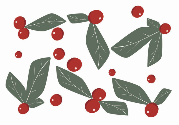 Набор клюквы декора с листьями, красные ягоды с зеленью - Вектор,изображение