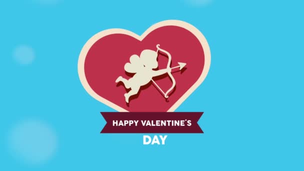 happy valentines day lettering in card with cupid angel in heart - Footage, Video