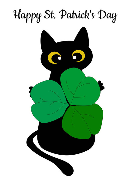 黒猫と緑のシャムロックの牛、アイルランドのシンボルです。聖パトリックの日のグリーティングカード。聖パトリックの日のグリーティングカード。カップ、グライダー、生地用のプリント. - 写真・画像