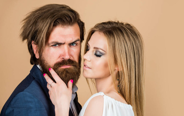 couple in love of bearded man and sexy woman embrace, love - Fotografie, Obrázek