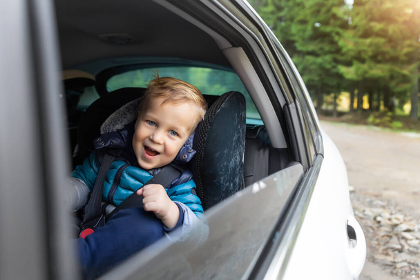 Little cute adorable szczęśliwy chłopiec kaukaski maluch siedzi w foteliku bezpieczeństwa dziecka samochód otwarte okno cieszyć się o zabawy co wycieczka drogowa natura krajobraz leśny. Podróż samochodem rodzinnym koncepcja samochodu - Zdjęcie, obraz