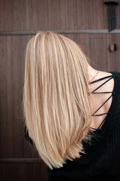 Blonde hair with streaked strands on young woman indoors close-up back view - Fotó, kép