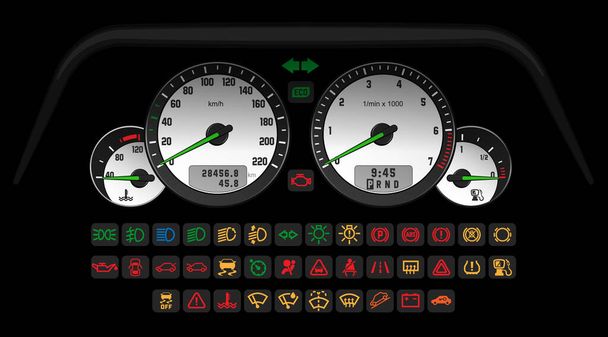 車の状態を示す情報アイコンのセットと車の制御白いインターフェイス。ベクターイラスト、ゲームやWebアプリのテンプレート - ベクター画像