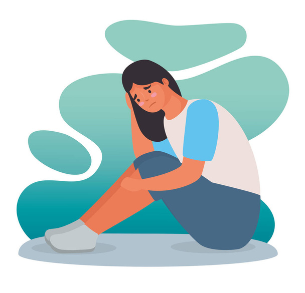 woman stressed for bullying seated character - Vector, Image