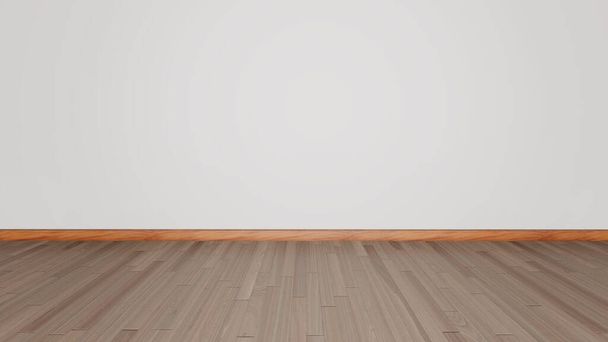 Escena interior básica en blanco con pared blanca suave. Textura del suelo de madera. Habitación vacía 3d render. - Foto, Imagen