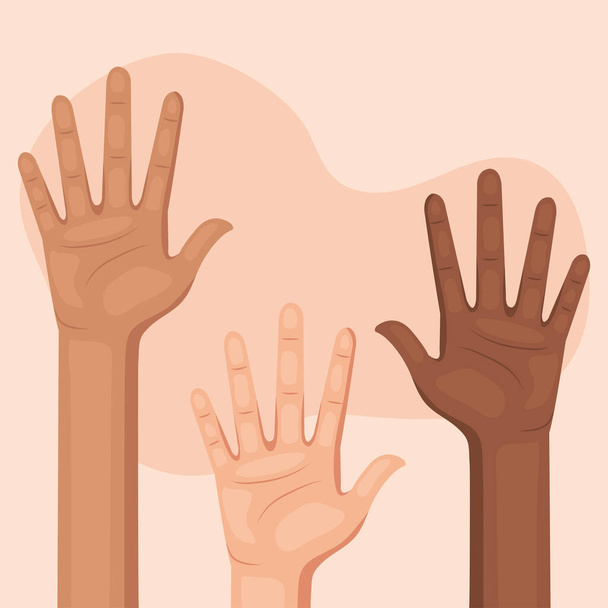 three interracial hands humans signals set icons - Vector, Image