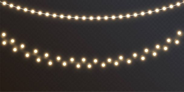 Christmas lights on a transparent background. Garland shining with Christmas lights. Festive decoration element.Bright Christmas lights. The garland is multi-colored. Isolated. Vector illustration. - Vector, Image