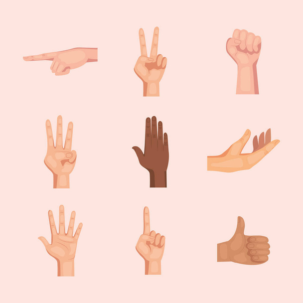 nine interracial hands humans signals set icons - Vector, Image