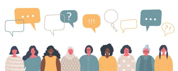 Frauengemeinschaft. Internationales Gesellschaftskonzept. Menschen-Ikonen mit Sprechblasen. Auf dem Bild sind Frauen verschiedener Rassen und unterschiedlichen Alters zu sehen. Vektor - Vektor, Bild