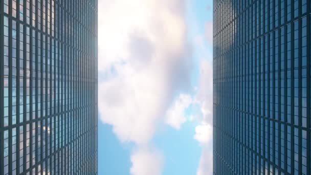 Flugzeuge fliegen in die Gipfel der Wolkenkratzer. Blick nach oben auf Wolkenkratzer und fliegendes Flugzeug - Filmmaterial, Video